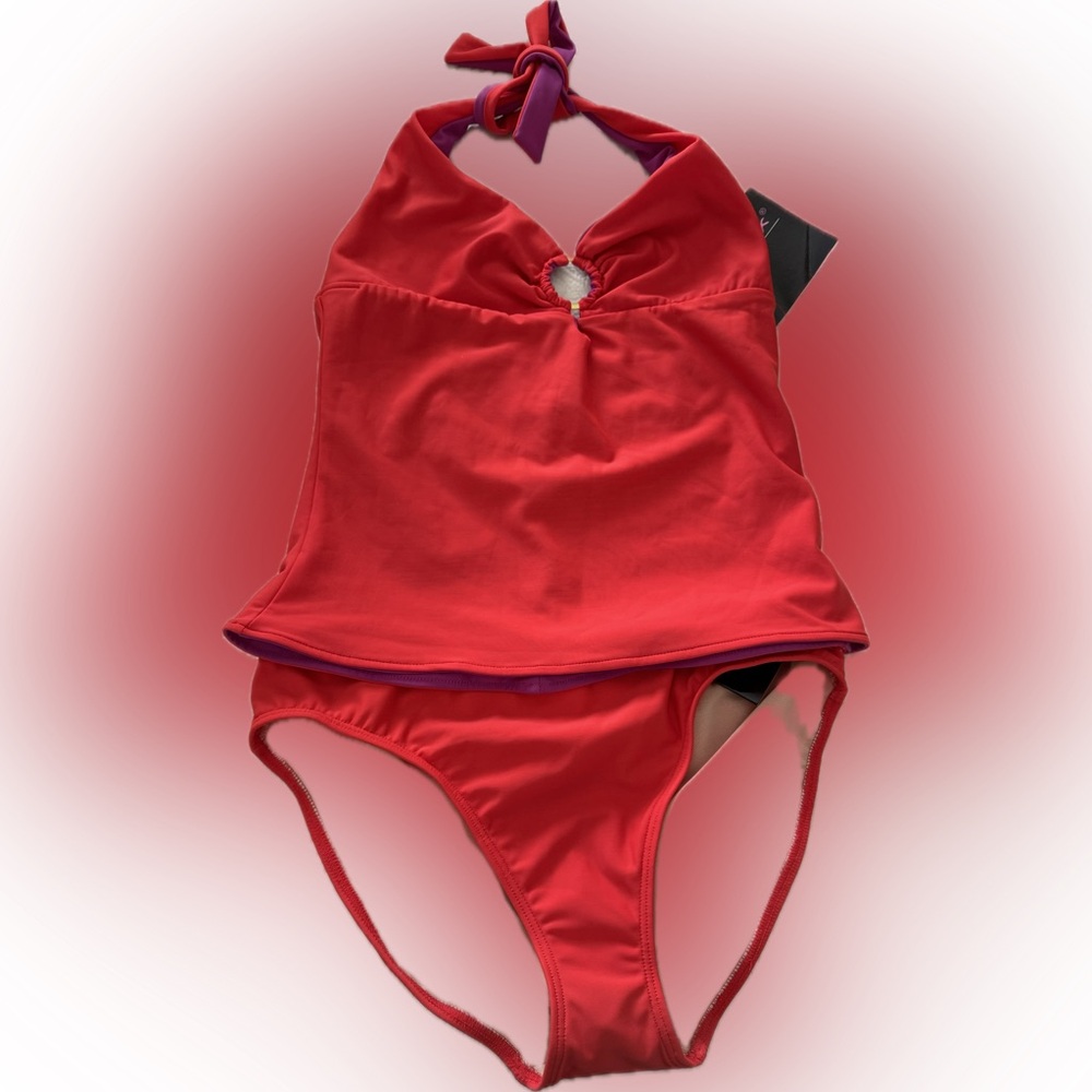 NWT, Shape FX swimsuit, Size 8, red tank and bottom with purple lining trim